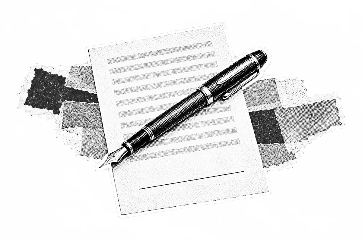 Halftone collage illustration of a fountain pen resting on a contract with a blank signature line
