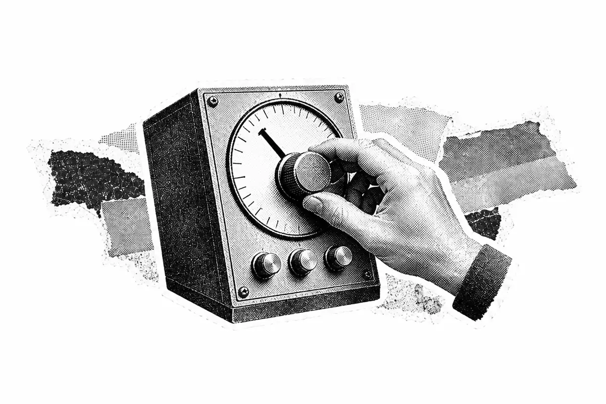 Halftone collage illustration of a hand turning the dial on a vintage control panel