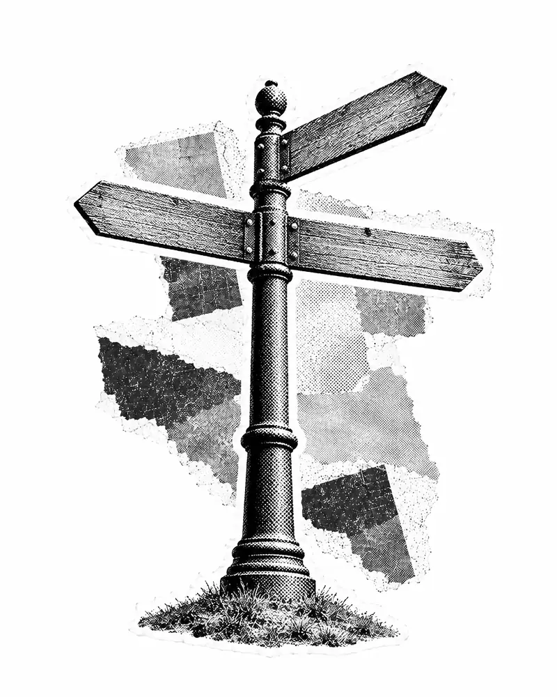 Halftone collage illustration of an old signpost with three blank arms pointing in different directions