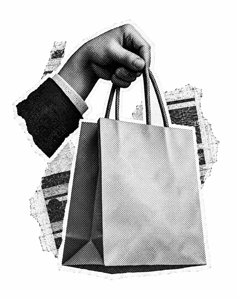 Halftone collage illustration of a hand holding a plain shopping bag