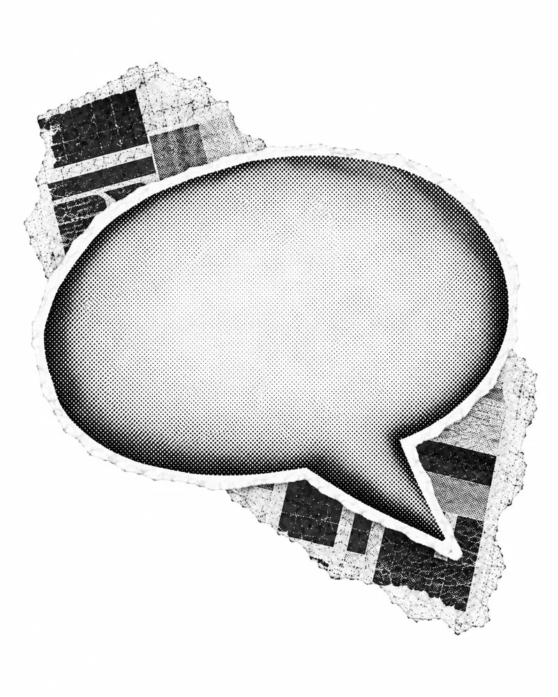 Halftone collage illustration of a blank speech bubble