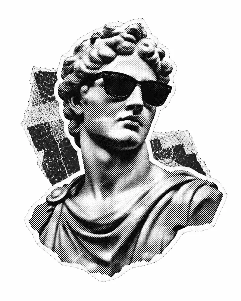 Halftone collage illustration of a classical marble bust wearing sunglasses