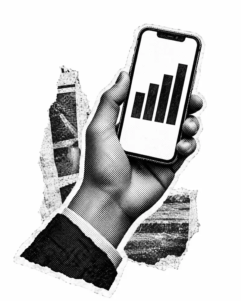Halftone collage illustration of a hand holding a phone with a rising bar chart