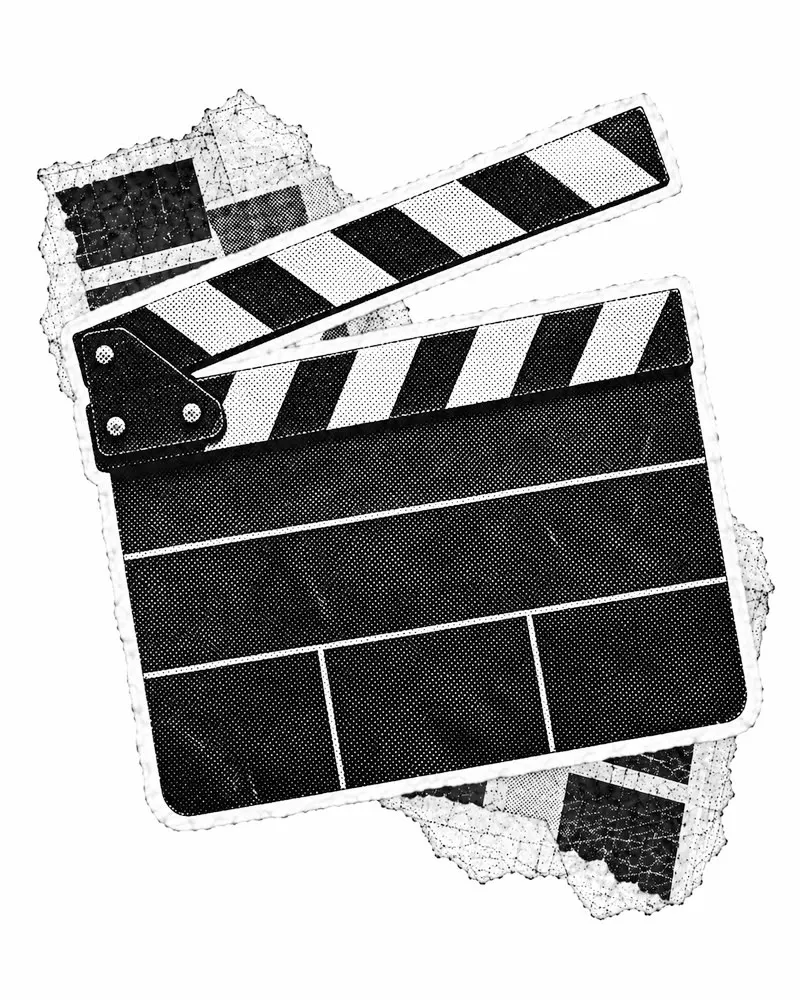 Halftone collage illustration of a film clapperboard