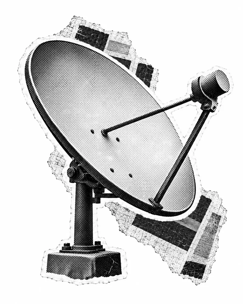 Halftone collage illustration of a satellite dish