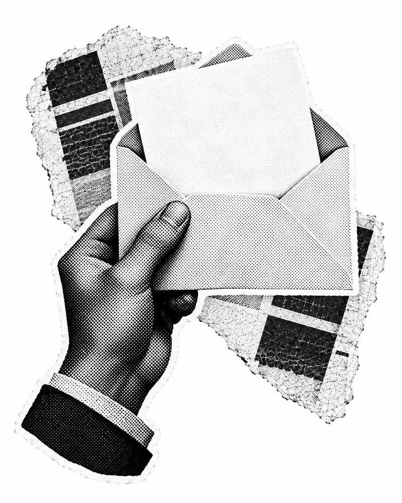 Halftone collage illustration of a hand holding an open envelope