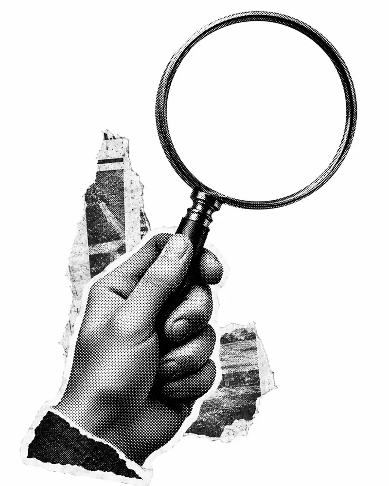 Halftone collage illustration of a hand holding a magnifying glass