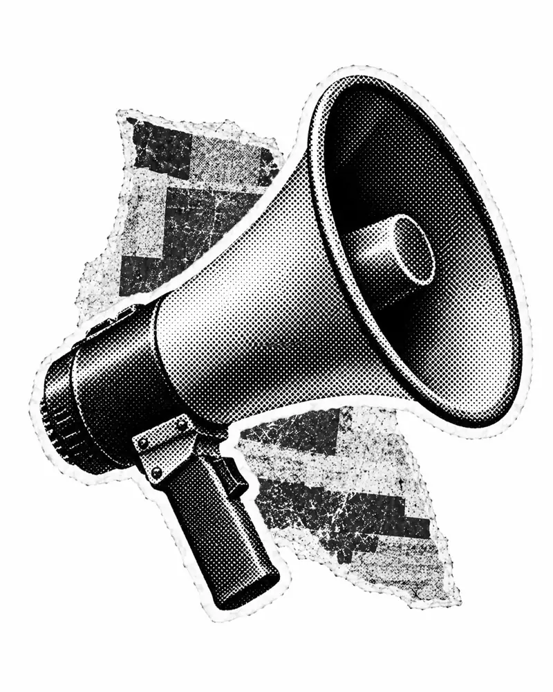 Halftone collage illustration of a megaphone