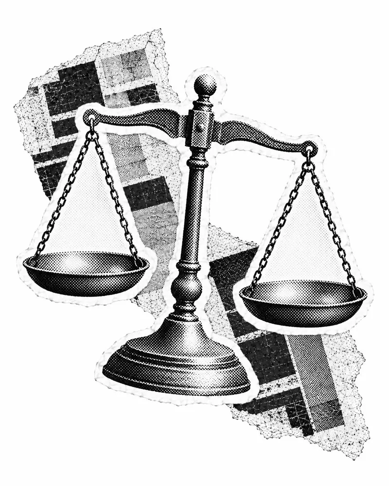 Halftone collage illustration of a balance scale with two pans