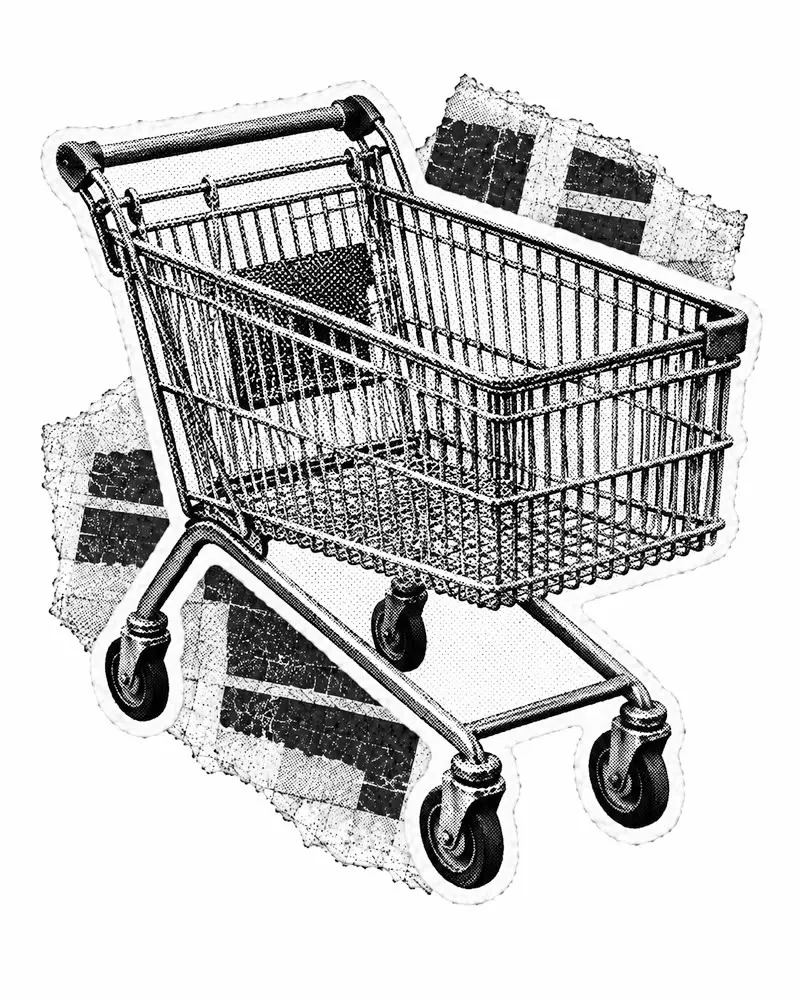 Halftone collage illustration of a shopping cart