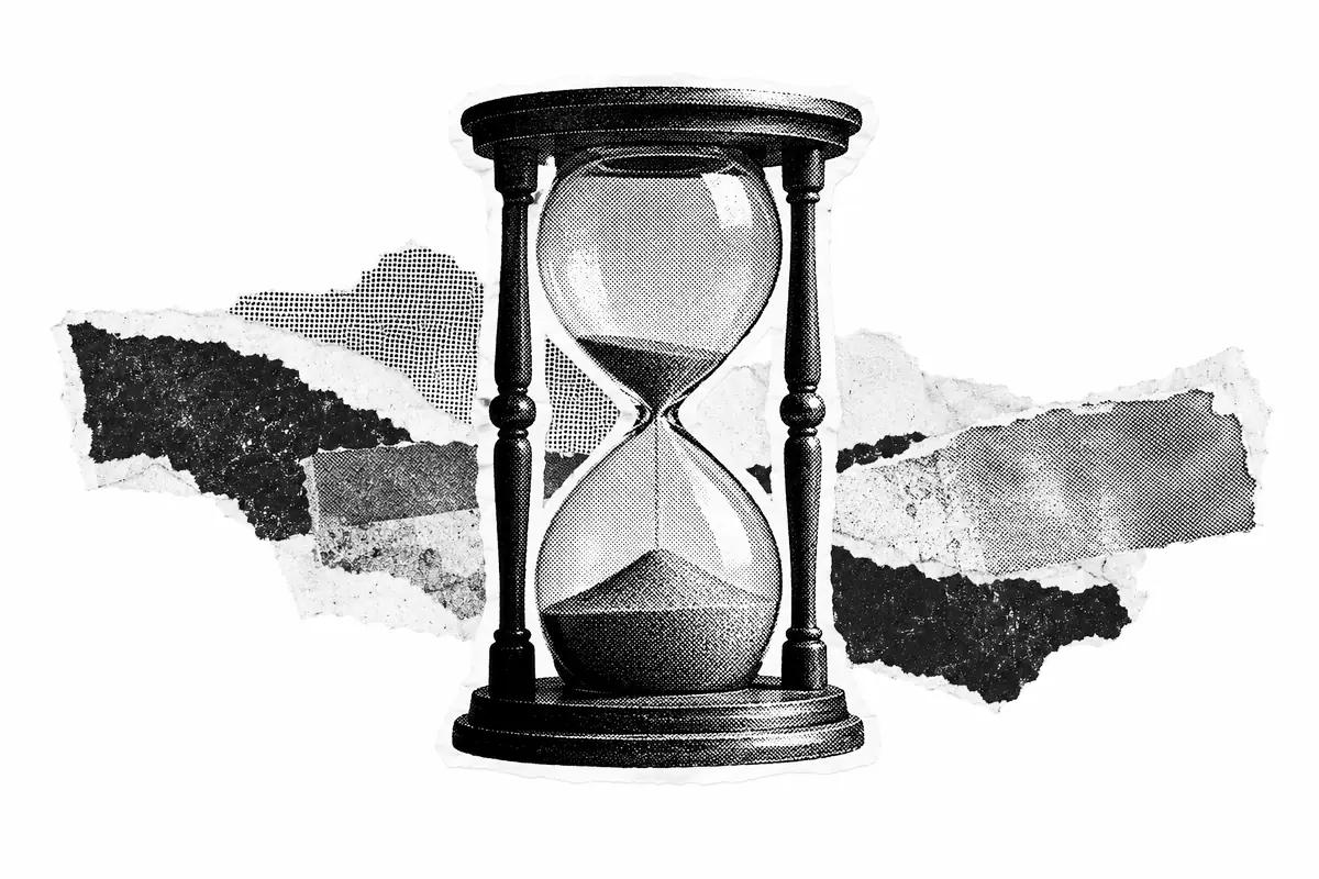 Halftone collage illustration of an hourglass with most of the sand run through