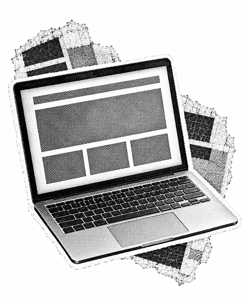 Halftone collage illustration of a laptop showing a website layout