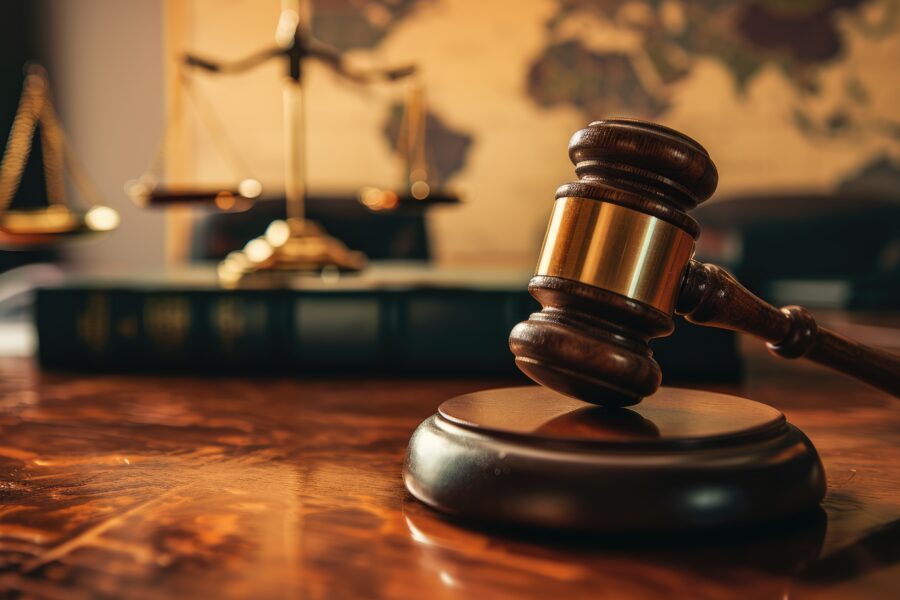 Law firm marketing close up view gavel place wood base near scales