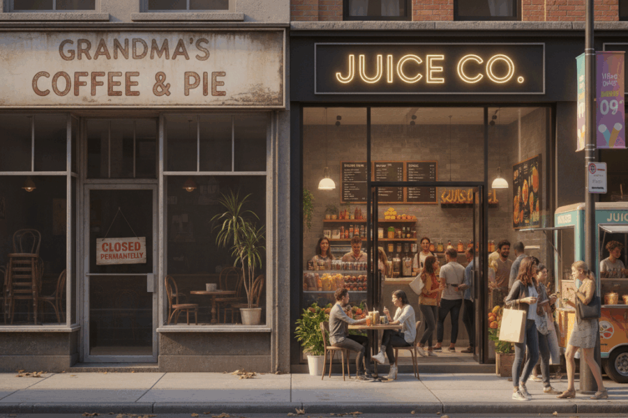 Closed shop beside busy café showing marketing mistakes in Chapel Hill