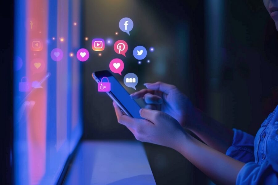 Hand of young business using smartphone, Social media concept