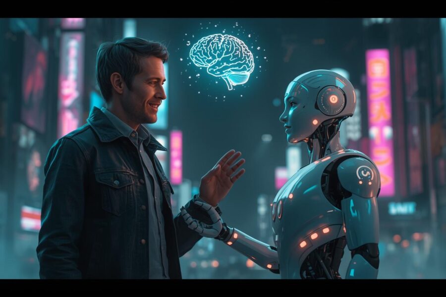 human and a humanoid robot stand side by side in a friendly, collaborative way