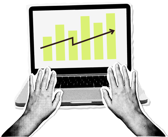 Illustrated hands typing on laptop with rising bar chart – representing SEO-driven business growth and momentum for Riithink clients.