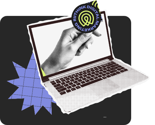 Laptop with Riithink Digital Marketing badge – representing SEO strategies built to drive qualified leads and business pipeline growth.